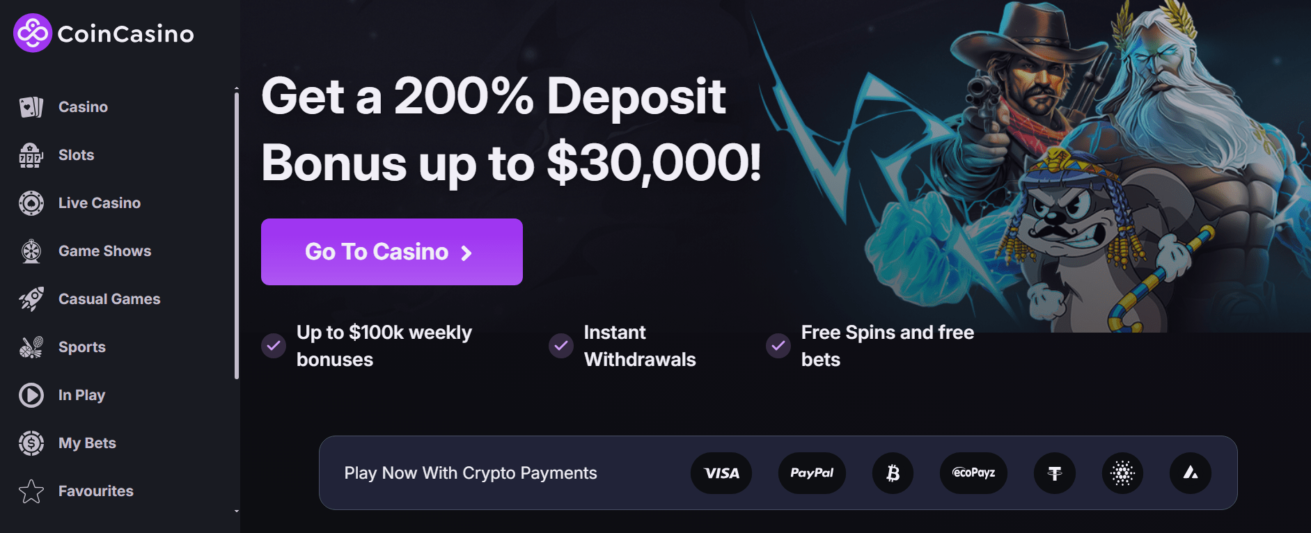 Snapshot of CoinCasino platform showcasing multi-currency support and easy navigation
