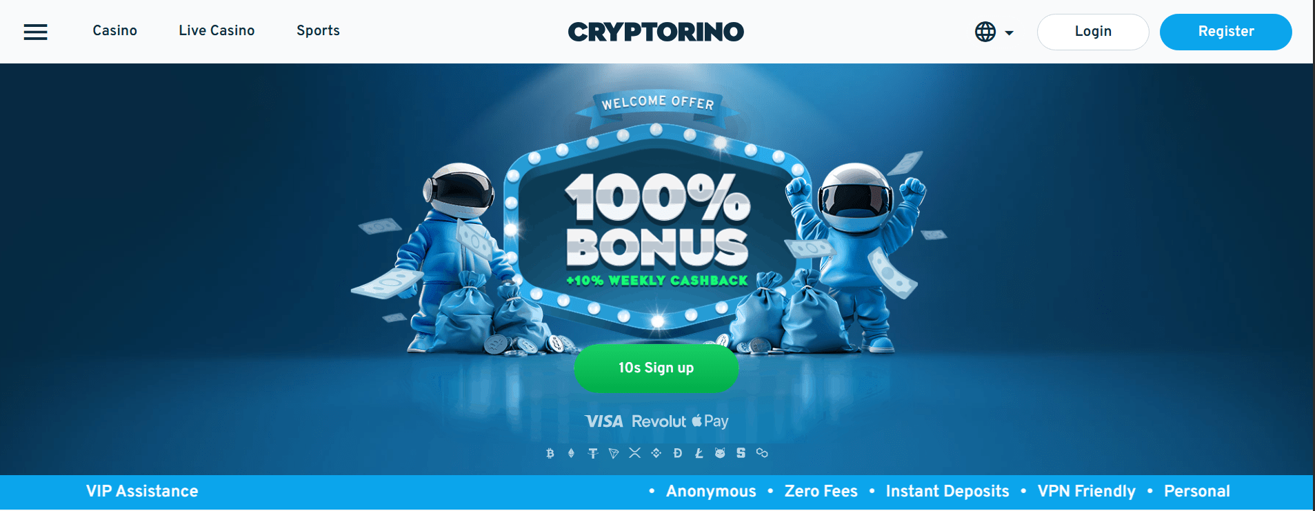 Platform view of Cryptorino casino featuring live tables and diverse games